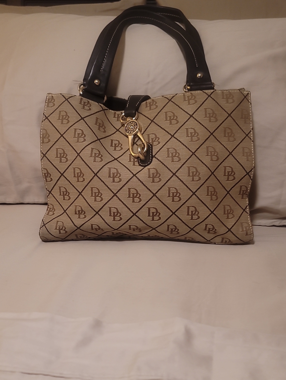 Beige and Brown Patterned Tote Bag with Black Handles